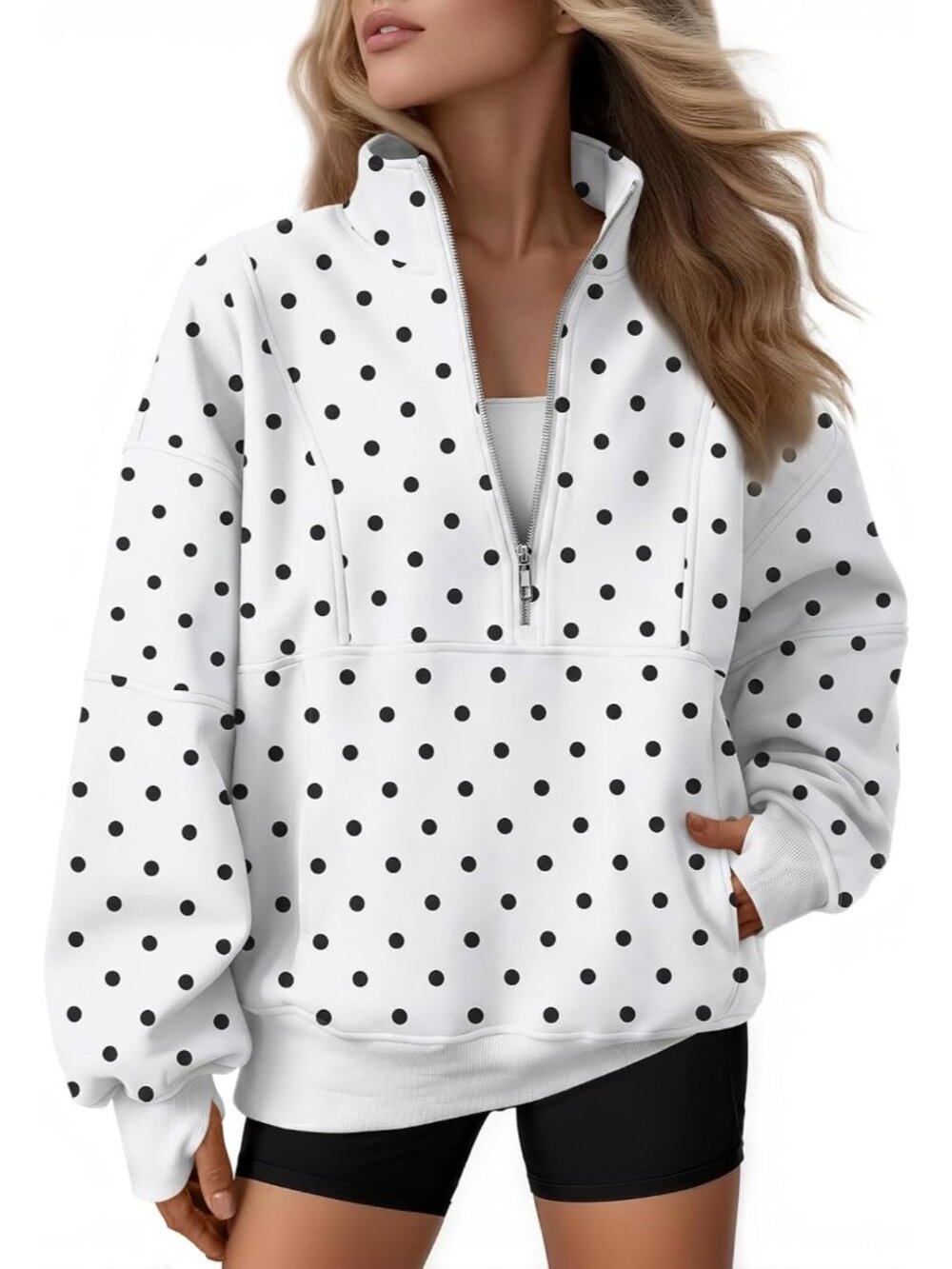 〽️Women White Dots Quarter Zip Oversized Fleece Mock Neck Pullover Hoodie Jacket